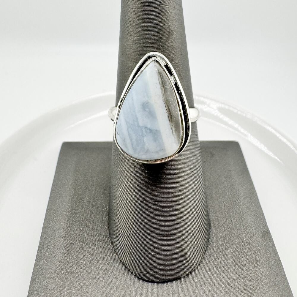Vintage Blue Lace Agate Teardrop Ring Sterling Silver Natural Stone New